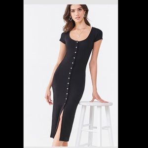 Ribbed button front midi gray scoop neck